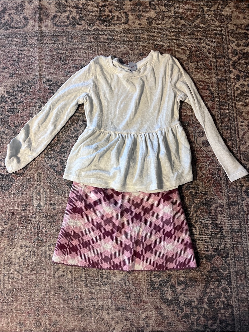 Girls 5/6 5 6 peplum long sleeve shirt and pink plaid knit skirt for school